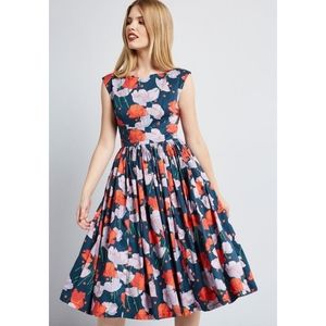 Modcloth Fabulous Fit and Flare Blue floral sz L